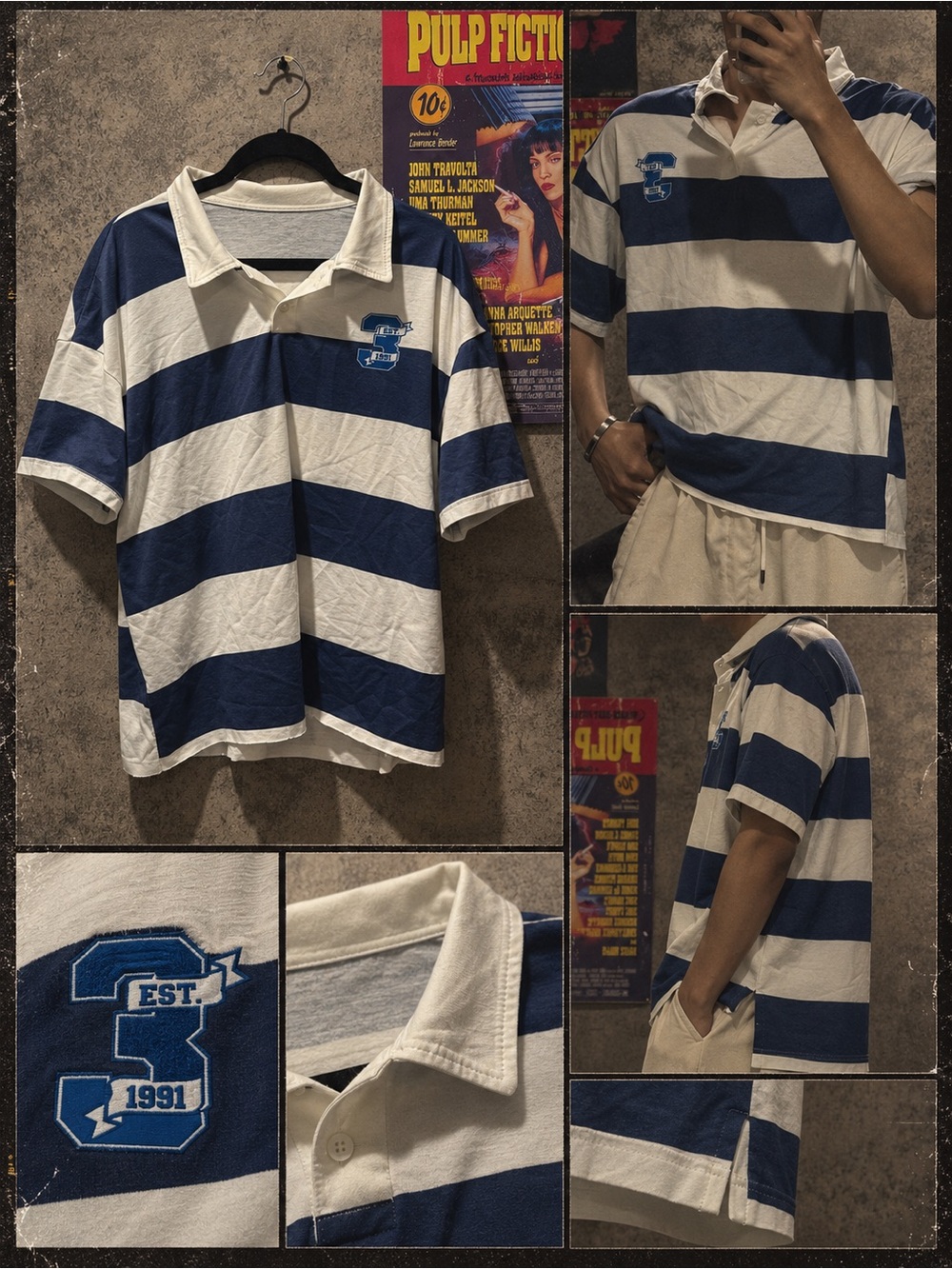croped Striped Rugby Polo Shirt - Blue & White
